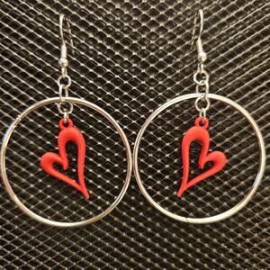 Abstract red heart and silver hoop earrings